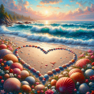 Diamond painting of a heart made of seashells on beach