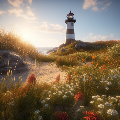 Image of Diamond painting of a white lighthouse on a beach at sunset with flowers blooming.