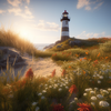 Diamond painting of a white lighthouse on a beach at sunset with flowers blooming.