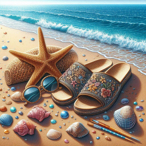 Image of Diamond Painting of Beach Sandals, Seashells, and Starfish