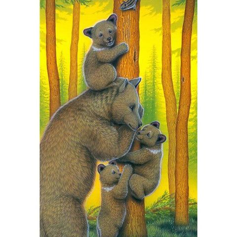 Image of Diamond painting of a bear family in a forest, with a mother bear and her cubs climbing a tree.