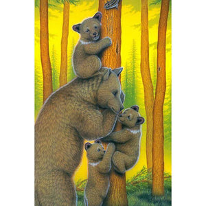 Diamond painting of a bear family in a forest, with a mother bear and her cubs climbing a tree.