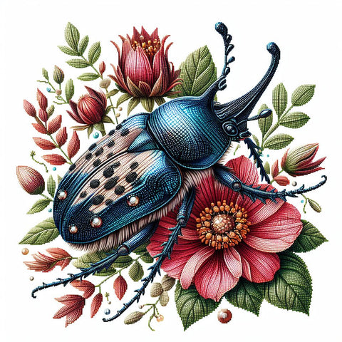 Image of Bejeweled beetle perched on a colorful flower, diamond painting