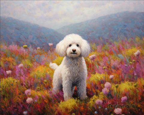 Image of A white Bichon Frise dog standing in a field of colorful flowers.