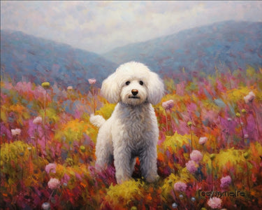 A white Bichon Frise dog standing in a field of colorful flowers.