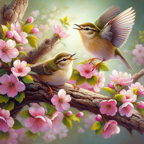 Image of beautiful diamond painting of two birds perched on a cherry blossom branch, singing in spring