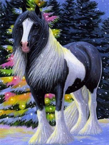 Image of Diamond painting of a black and white Friesian horse with a long, flowing mane and tail standing in winter snow.