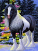 Diamond painting of a black and white Friesian horse with a long, flowing mane and tail standing in winter snow.