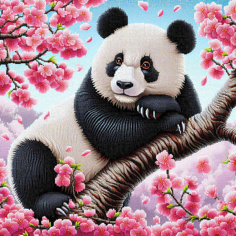 Image of Diamond painting of black and white panda relaxing in the crook of a tree branch.  