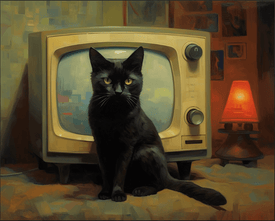 Diamond Painting of a Black Cat Sitting in Front of a Vintage Television