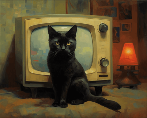 Image of Diamond Painting of a Black Cat Sitting in Front of a Vintage Television