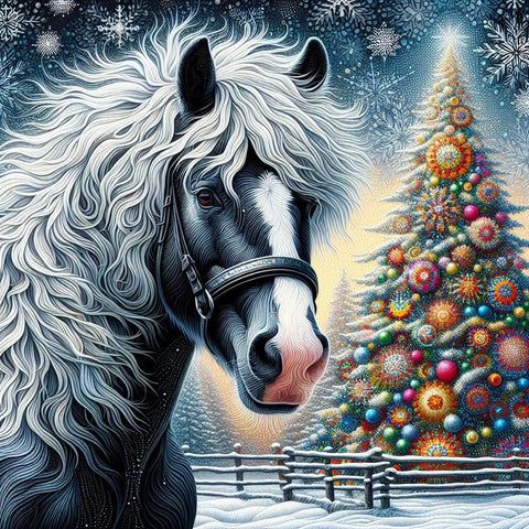 Image of Black Horse with White Mane, Christmas Tree Diamond Painting