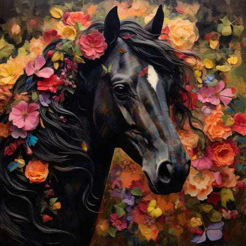 Image of Diamond Painting of Black Horse with Flowers in Mane