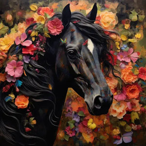 Diamond Painting of Black Horse with Flowers in Mane