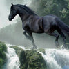Diamond painting of a majestic black horse standing on a rock next to a powerful waterfall, surrounded by lush greenery.