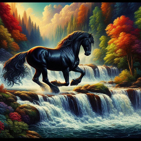 Image of powerful black horse running through a cascading waterfall in a vibrant forest