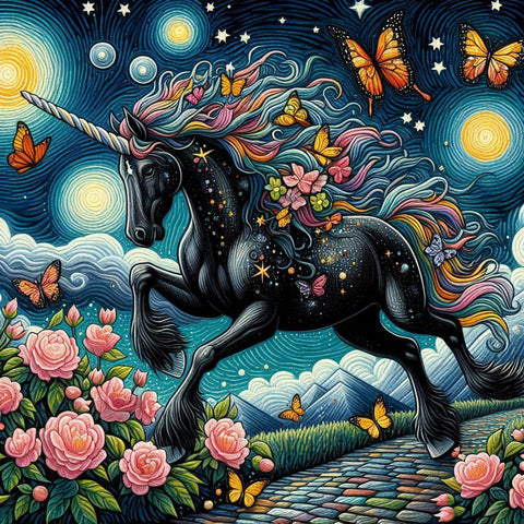 Image of Diamond painting of a black unicorn with a flowing mane