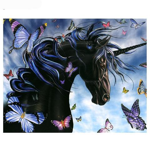 Image of Black unicorn diamond painting with sparkling butterflies.