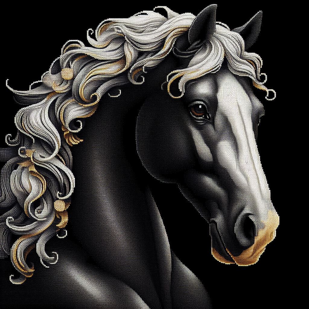 Black and white cinematic diamond painting of a horse
