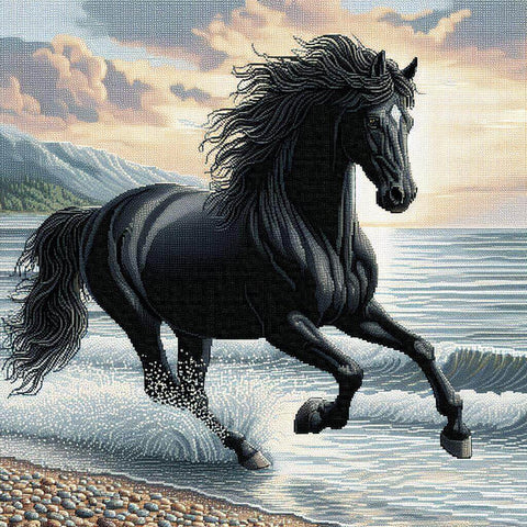 Image of Diamond painting of a black horse running on the seashore.