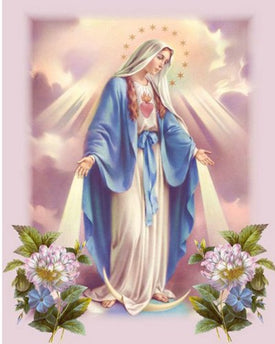 Diamond painting of the Blessed Mother Mary in prayer.