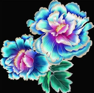 Close-up of two blue Dianthus flowers in a diamond painting.