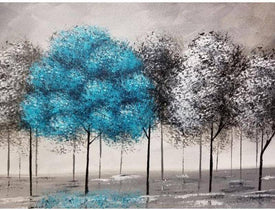 Diamond Painting of a Blue Tree in a Forest of Gray Trees