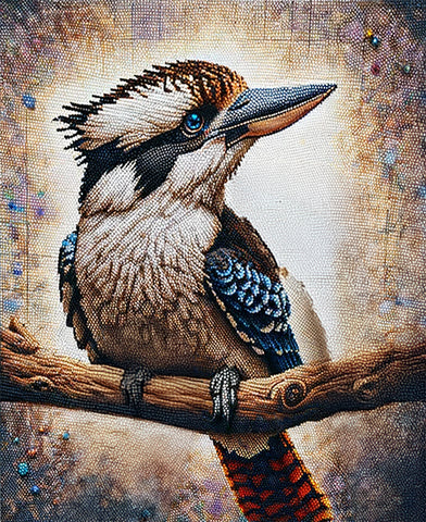 Image of Diamond painting of a Blue-winged Kookaburra perched on a branch.