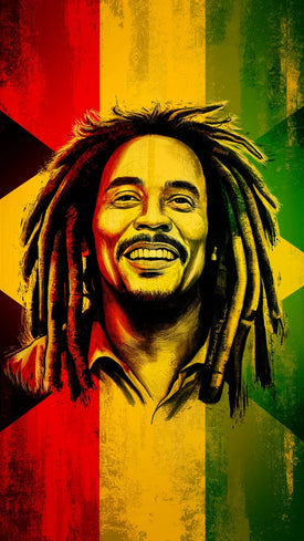 Diamond painting artwork of a Bob Marley portrait with a background in the colors of the reggae movement (red, yellow, and green).