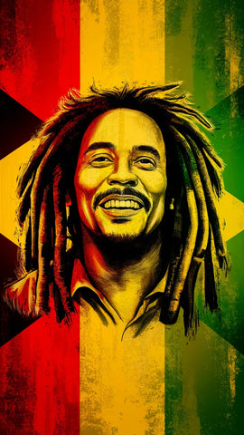 Image of Diamond painting artwork of a Bob Marley portrait with a background in the colors of the reggae movement (red, yellow, and green).