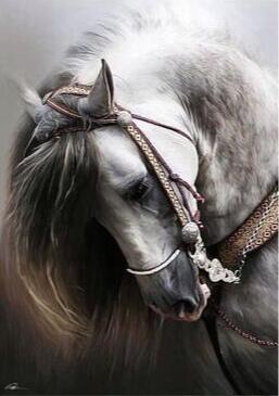 Diamond painting of a horse with a bridle, bowing its head in a gesture of respect or submission.