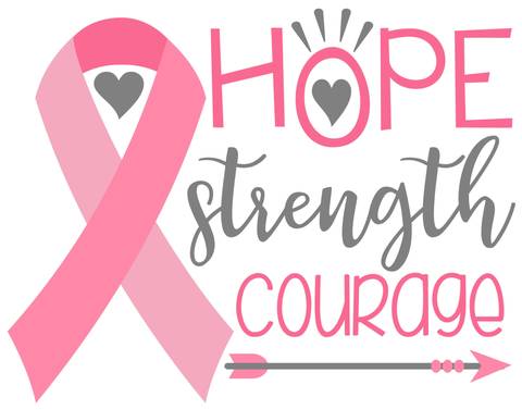 Image of A pink ribbon, the symbol of breast cancer awareness, with the words "Hope, Strength, Courage" and an arrow.