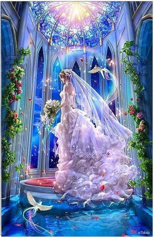 Image of Diamond painting depicting a bride standing at a decorated altar.