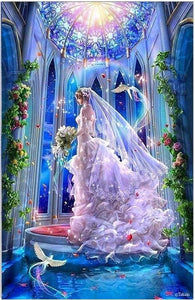Diamond painting depicting a bride standing at a decorated altar.