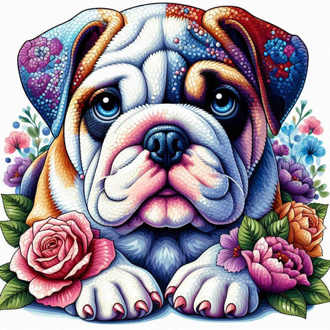 Image of bulldog pop art diamond painting flowers