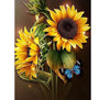 Diamond painting of a colorful butterfly perched on a yellow sunflower.  pen_spark