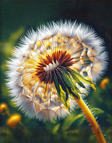 Image of Close-up diamond painting of a dandelion puffball with seeds, creating a serene and calming effect.