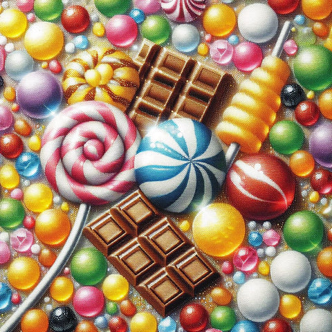 Image of Diamond painting of a candy paradise featuring a dazzling variety of colorful candies.