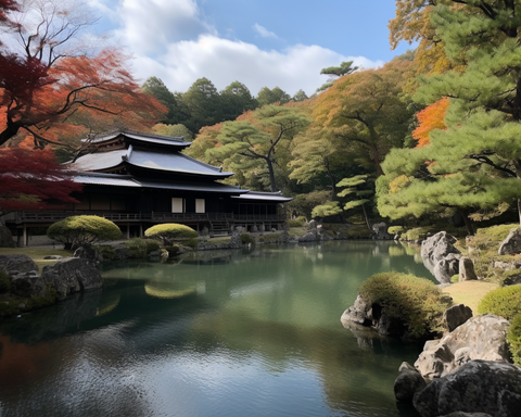 Image of Diamond painting of a beautiful traditional Japanese house surrounded by autumn foliage and a serene pond.