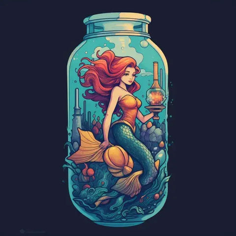 Image of Diamond painting of a mermaid trapped in a glass jar, holding a glowing orb.