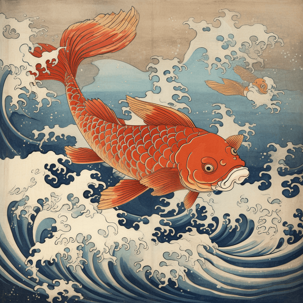 Diamond painting of koi fish swimming through powerful waves, symbolizing perseverance and ambition.