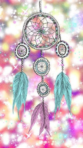 Image of Diamond painting of a colorful, cartoonish dreamcatcher with feathers and beads.