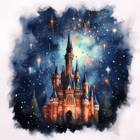 Image of Diamond painting of a majestic castle under a starry night sky, surrounded by twinkling lights.