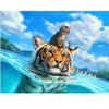 Diamond painting featuring a cat and a tiger swimming together in water.