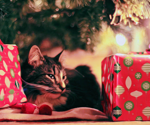 Image of Diamond painting of a cat curled up under a Christmas tree with wrapped presents.
