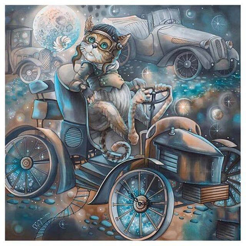 Image of Diamond painting of a cat wearing a pilot's hat and goggles, driving a vintage car in a fantastical landscape.