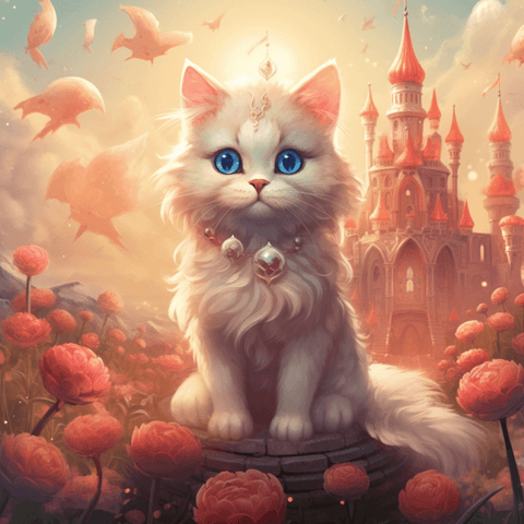 Image of Diamond painting of a majestic white cat sitting in a fantastical landscape with a castle, flowers, and flying creatures.