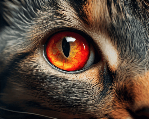 Image of A close-up macro photo of a cat's eye with vibrant, intense colors.