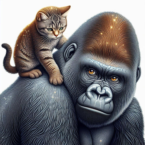 Image of Diamond painting of a playful cat perched on the back of a gentle gorilla.