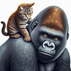 Diamond painting of a playful cat perched on the back of a gentle gorilla.